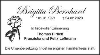Traueranzeige von Brigitta Bernhard von Märkische Oderzeitung