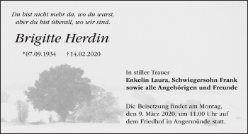Traueranzeige von Brigitte Herdin von Märkische Oderzeitung