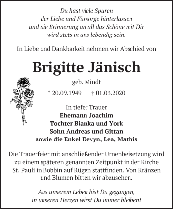 Traueranzeige von Brigitte Jänisch von Märkische Oderzeitung
