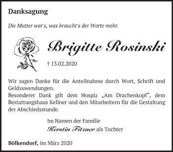 Traueranzeige von Brigitte Rosinski von Märkische Oderzeitung