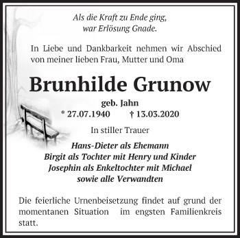 Traueranzeige von Brunhilde Grunow von Märkische Oderzeitung