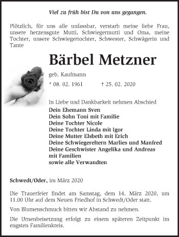 Traueranzeige von Bärbel Metzner von Märkische Oderzeitung