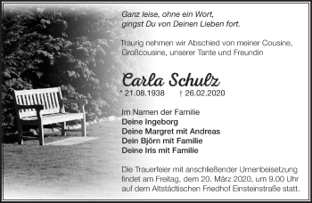 Traueranzeige von Carla Schulz von Märkische Oderzeitung