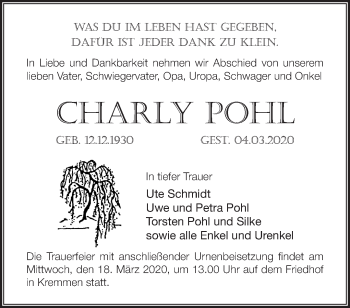 Traueranzeige von Charly Pohl von Märkische Oderzeitung