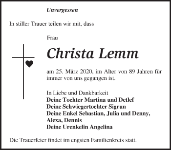 Traueranzeige von Christa Lemm von Märkische Oderzeitung