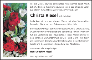 Traueranzeige von Christa Riesel von Märkische Oderzeitung