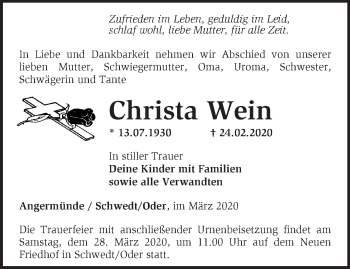 Traueranzeige von Christa Wein von Märkische Oderzeitung