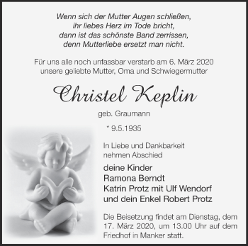 Traueranzeige von Christel Keplin von Märkische Oderzeitung