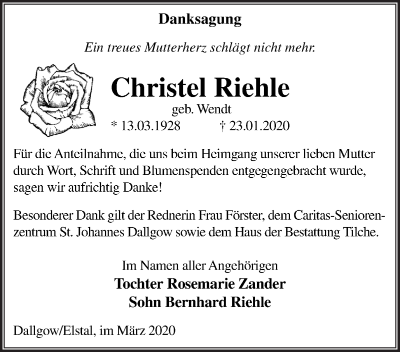  Traueranzeige für Christel Riehle vom 01.03.2020 aus Märkische Oderzeitung