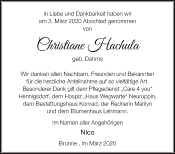 Traueranzeige von Christiane Hachula von Märkische Oderzeitung