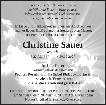 Traueranzeige von Christine Sauer von Märkische Oderzeitung