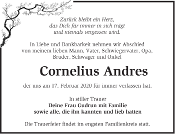 Traueranzeige von Cornelius Andres von Märkische Oderzeitung