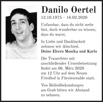 Traueranzeige von Danilo Oertel von Märkische Oderzeitung