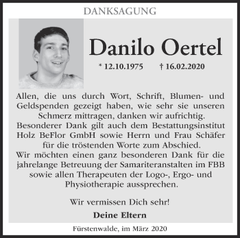 Traueranzeige von Danilo Oertel von Märkische Oderzeitung