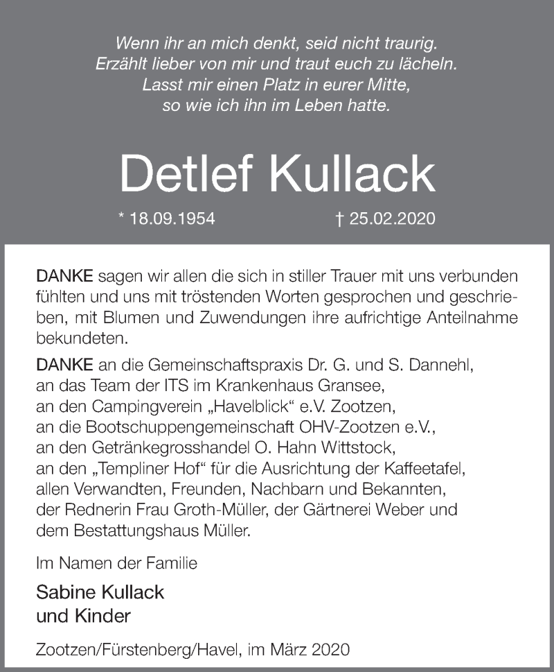  Traueranzeige für Detlef Kullack vom 21.03.2020 aus Märkische Oderzeitung