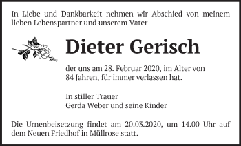 Traueranzeige von Dieter Gerisch von Märkische Oderzeitung