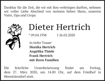 Traueranzeige von Dieter Hertrich von Märkische Oderzeitung