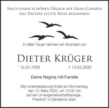 Traueranzeige von Dieter Krüger von Märkische Oderzeitung