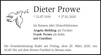 Traueranzeige von Dieter Prowe von Märkische Oderzeitung