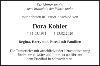Traueranzeige von Dora Kohler von Märkische Oderzeitung
