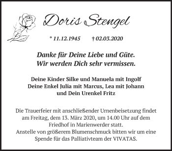 Traueranzeige von Doris Stengel von Märkische Oderzeitung