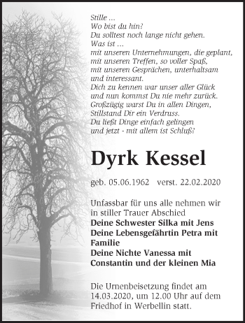 Traueranzeige von Dyrk Kessel von Märkische Oderzeitung