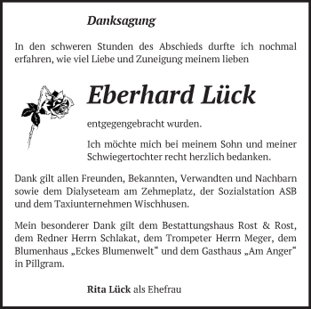 Traueranzeige von Eberhard Lück von Märkische Oderzeitung