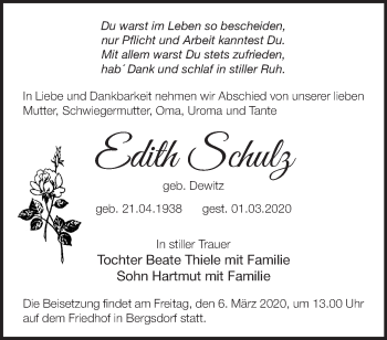 Traueranzeige von Edith Schulz von Märkische Oderzeitung