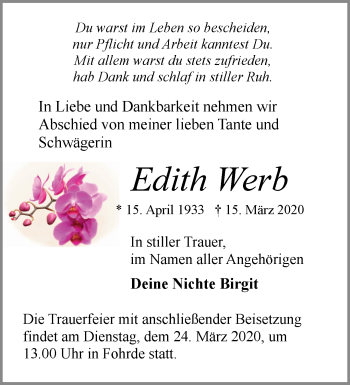 Traueranzeige von Edith Werb von Märkische Oderzeitung