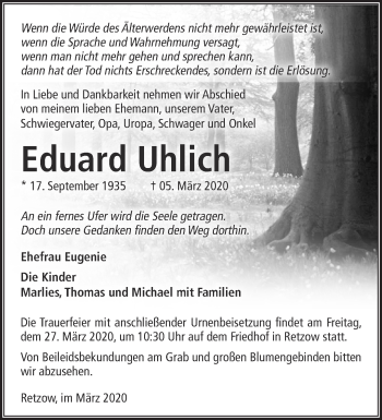 Traueranzeige von Eduard Uhlich von Märkische Oderzeitung