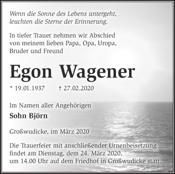 Traueranzeige von Egon Wagener von Märkische Oderzeitung