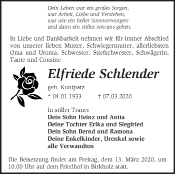 Traueranzeige von Elfriede Schlender von Märkische Oderzeitung