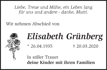 Traueranzeige von Elisabeth Grünberg von Märkische Oderzeitung