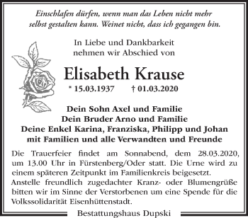 Traueranzeige von Elisabeth Krause von Märkische Oderzeitung