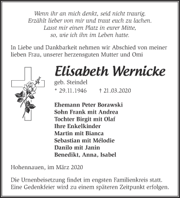 Traueranzeige von Elisabeth Wernicke von Märkische Oderzeitung