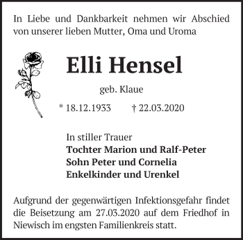 Traueranzeige von Elli Hensel von Märkische Oderzeitung