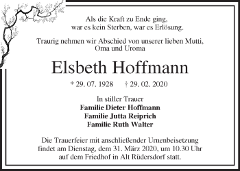 Traueranzeige von Elsbeth Hoffmann von Märkische Oderzeitung