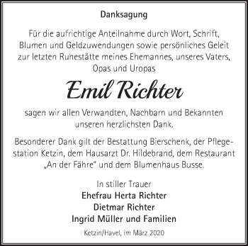 Traueranzeige von Emil Richter von Märkische Oderzeitung