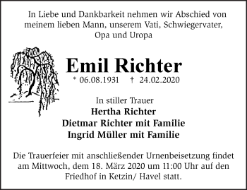 Traueranzeige von Emil Richter von Märkische Oderzeitung