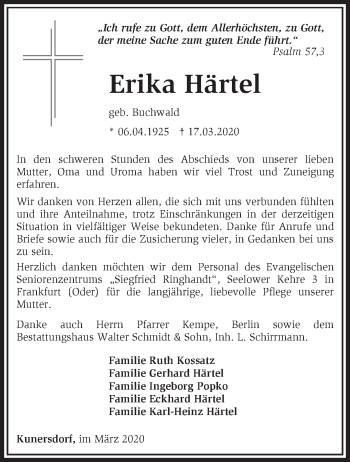 Traueranzeige von Erika Härtel von Märkische Oderzeitung