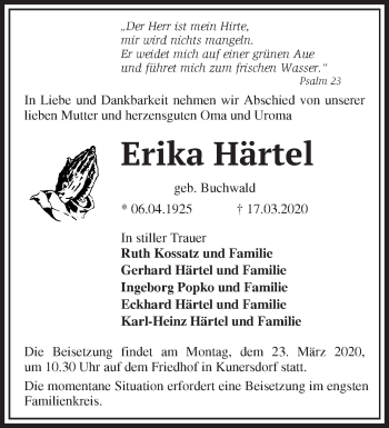 Traueranzeige von Erika Härtel von Märkische Oderzeitung