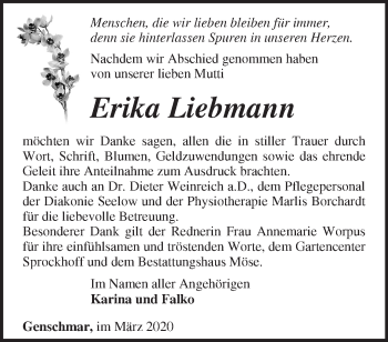 Traueranzeige von Erika Liebmann von Märkische Oderzeitung