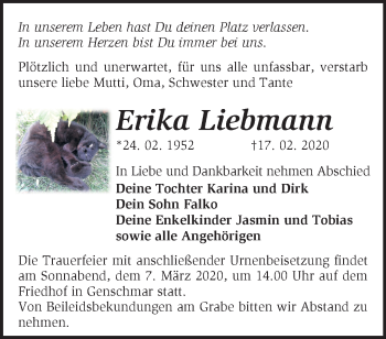 Traueranzeige von Erika Liebmann von Märkische Oderzeitung