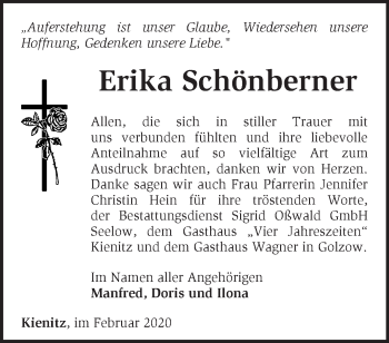 Traueranzeige von Erika Schönberner von Märkische Oderzeitung