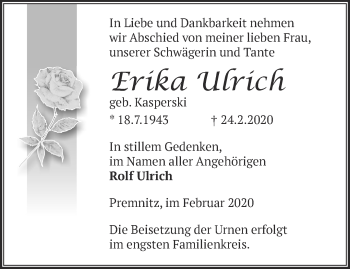 Traueranzeige von Erika Ulrich von Märkische Oderzeitung