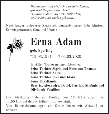 Traueranzeige von Erna Adam von Märkische Oderzeitung