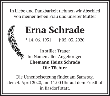 Traueranzeige von Erna Schrade von Märkische Oderzeitung