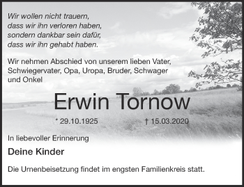 Traueranzeige von Erwin Tornow von Märkische Oderzeitung