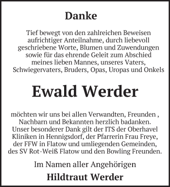 Traueranzeige von Ewald Werder von Märkische Oderzeitung