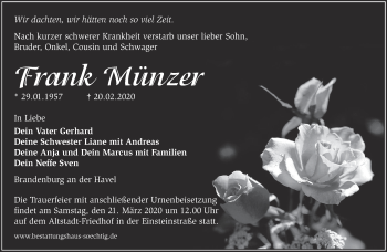 Traueranzeige von Frank Münzer von Märkische Oderzeitung